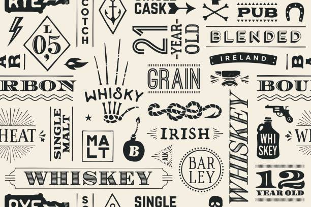 Seamless pattern with types of whiskey Seamless pattern with types of whiskey and hand drawn lettering for bar, pub, cafe, fest and party. Vintage drawing for placemat, bar menu, t-shirt print and whiskey themes. Vector Illustration pub illustrations stock illustrations
