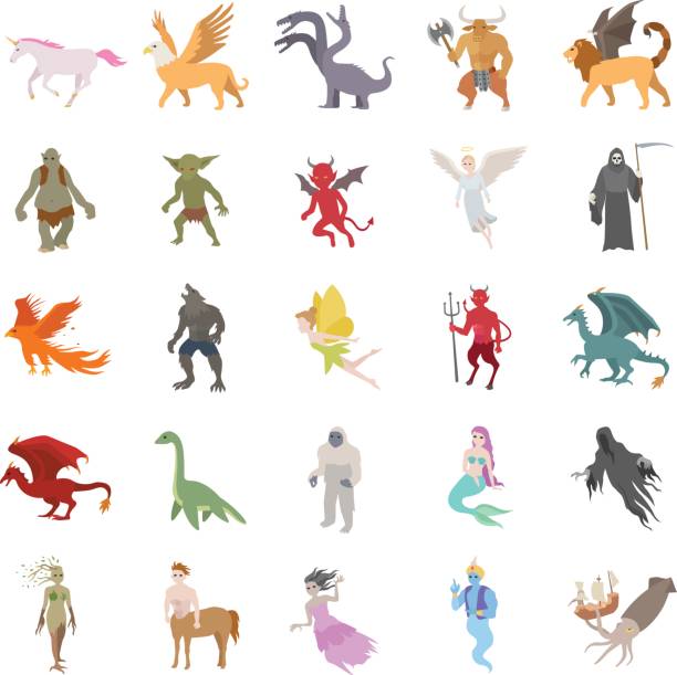 ilustraciones, imágenes clip art, dibujos animados e iconos de stock de iconos de vector de color de criaturas míticas - mala de la sirenita