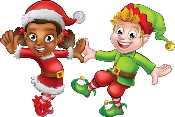 Dancing Christmas Elves Two dancing cartoon Christmas elves Santas little helpers african american boy drawing stock illustrations