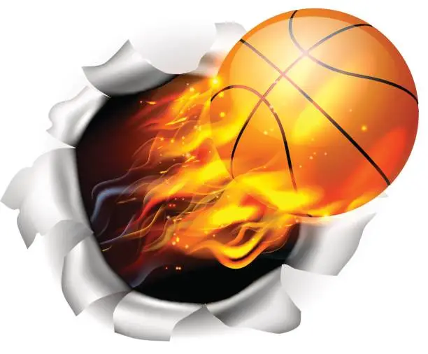 Vector illustration of Flaming Basketball Ball Tearing a Hole in the Background