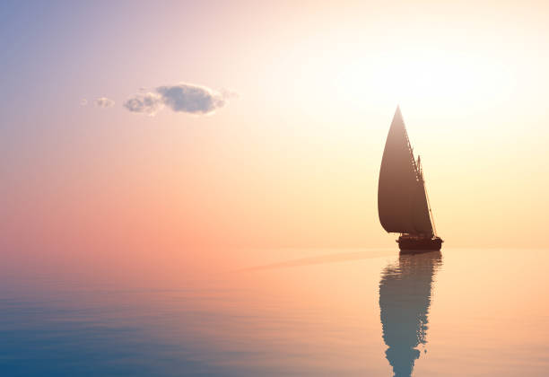 The yacht Yacht in the sea at sunset,3d render sailing stock pictures, royalty-free photos & images