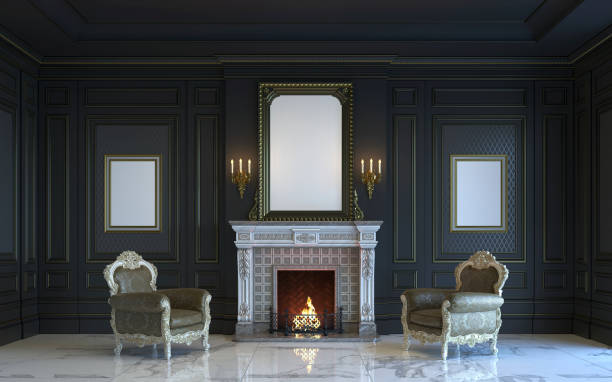 istock A classic interior is in dark tones with fireplace. 3d rendering. 668268064