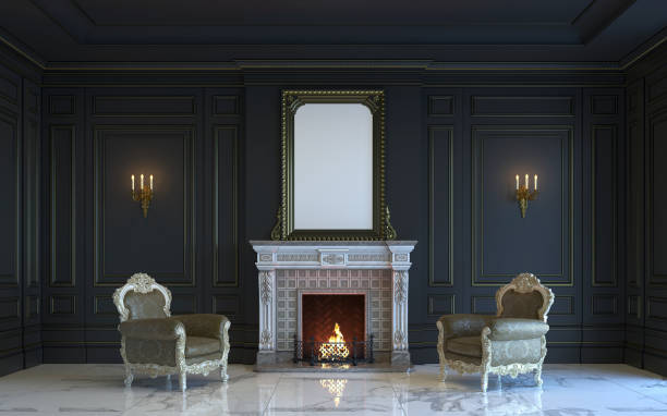 istock A classic interior is in dark tones with fireplace. 3d rendering. 668268342