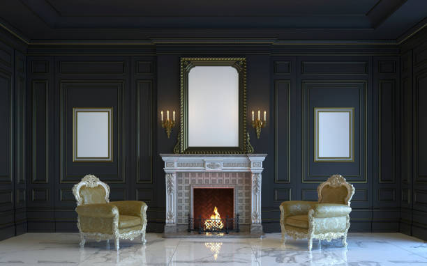 istock A classic interior is in dark tones with fireplace. 3d rendering. 668268386