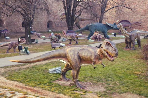 Belgrade: Dinosaurs exhibits at the park in Kalemegdan fortress. Vintage style.