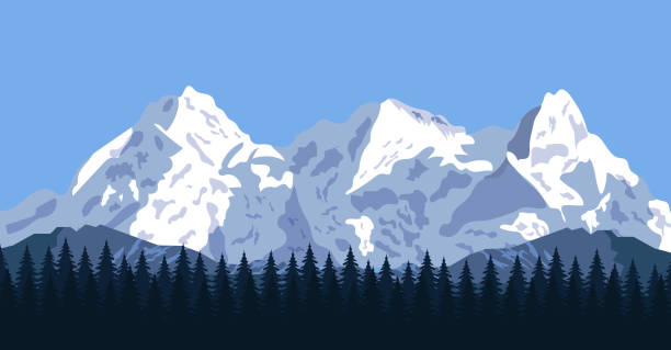 ilustrações, clipart, desenhos animados e ícones de paisagem de montanha com florestas e rochas - mountain mountain range rocky mountains silhouette