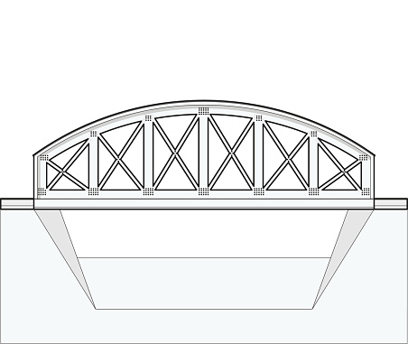 Vector arched train bridge in side view and isolated on white background. Industrial transportation building. Metallic bridge architecture. Outlined railway arc bridge. Assembled bridge construction.