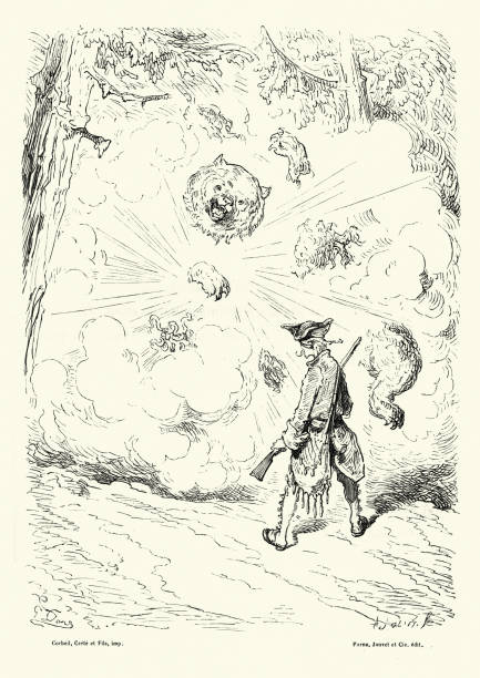 ilustrações, clipart, desenhos animados e ícones de aventuras do barão munchausen - o urso explodiu - illustration and painting rifle hunting old fashioned