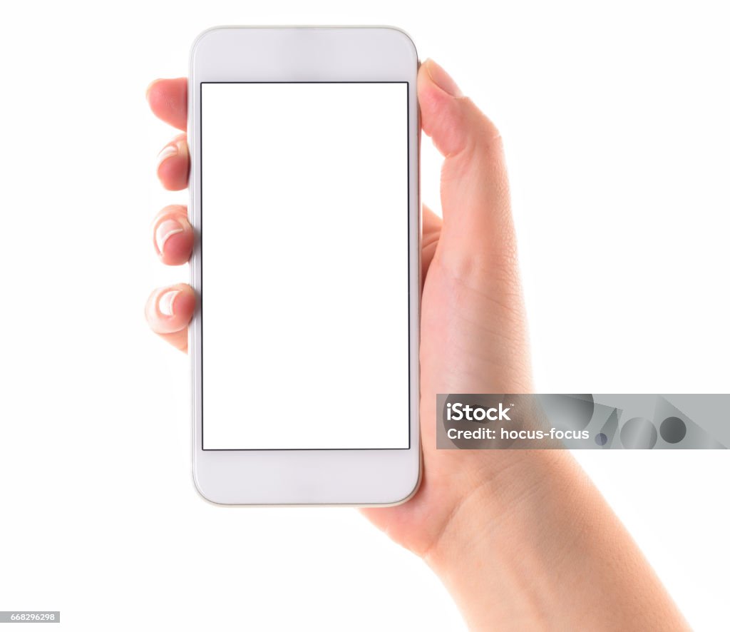 Hand holding white screen smart phone Woman hand holding blank white screen smart phone on white background. Isolated on white. Telephone Stock Photo