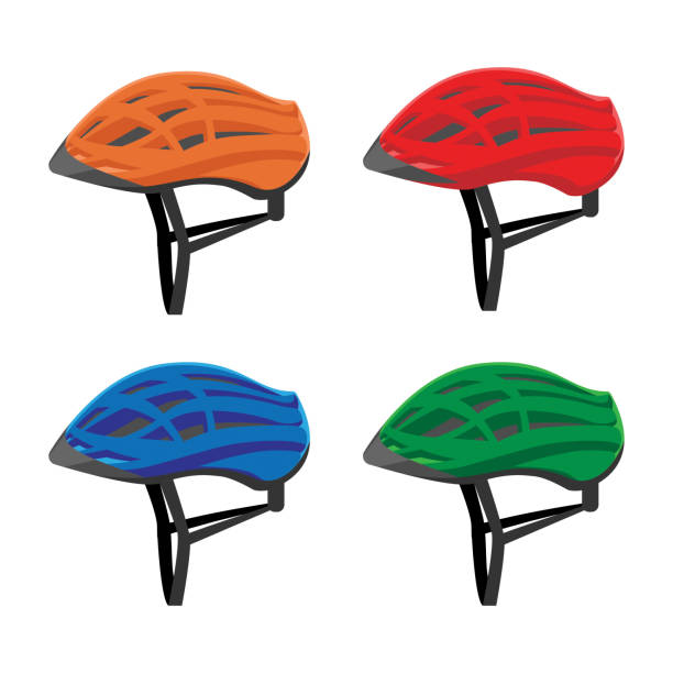 Set of bicycle helmets vector illustration isolated on white Set of bicycle helmets vector illustration isolated on white background. Colorful head protective gear in realistic design cycling helmet stock illustrations