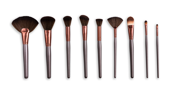 Cosmetics and beauty. Make-up brushes set in row on white isolated background