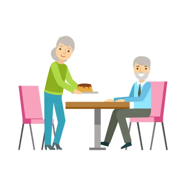 Vector illustration of Old Couple Eating Cake At The Table, Smiling Person Having A Dessert In Sweet Pastry Cafe Vector Illustration