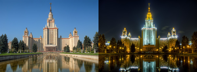 Day and night series: Lomonosov Moscow State university. This is two high dynamic range (HDR) photos of same location from same point of shoot.