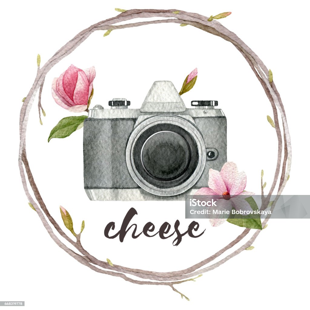 Watercolor photographer illustration with vintage photo camera,wreath of branches and magnolia flowers. Hand drawn spring icon isolated on white background. Watercolor photographer illustration with vintage photo camera,wreath of branches and magnolia flowers. Hand drawn spring icon isolated on white background for your deisgn. Branch - Plant Part stock illustration