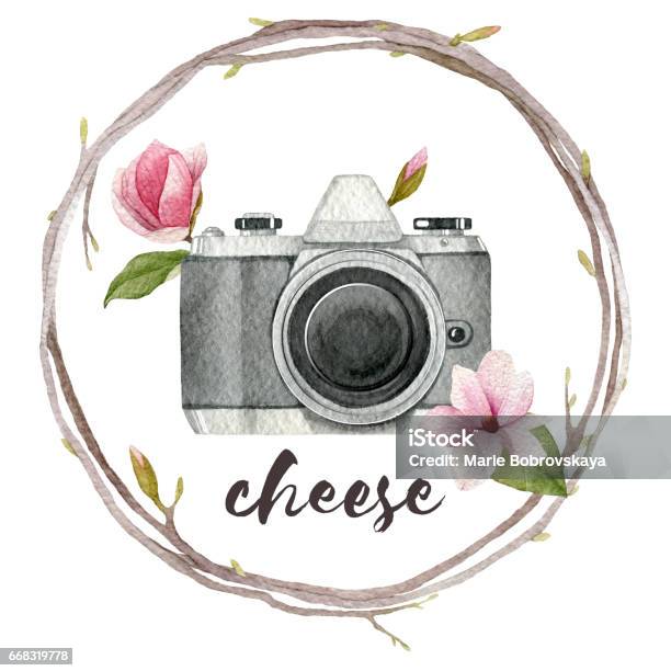 Watercolor Photographer Illustration With Vintage Photo Camerawreath Of Branches And Magnolia Flowers Hand Drawn Spring Icon Isolated On White Background Stock Illustration - Download Image Now
