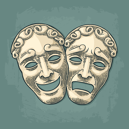 Comedy and tragedy theater masks. Vector engraving vintage black illustration