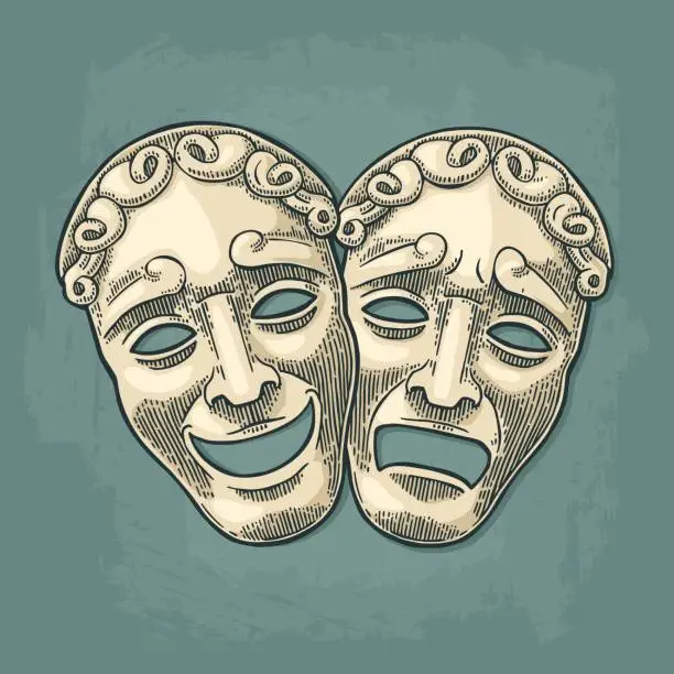 Vector illustration of Comedy and tragedy theater masks. Vector engraving vintage black illustration