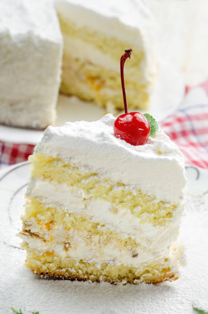 istock Piece of coconut cake on white plate. 668368098
