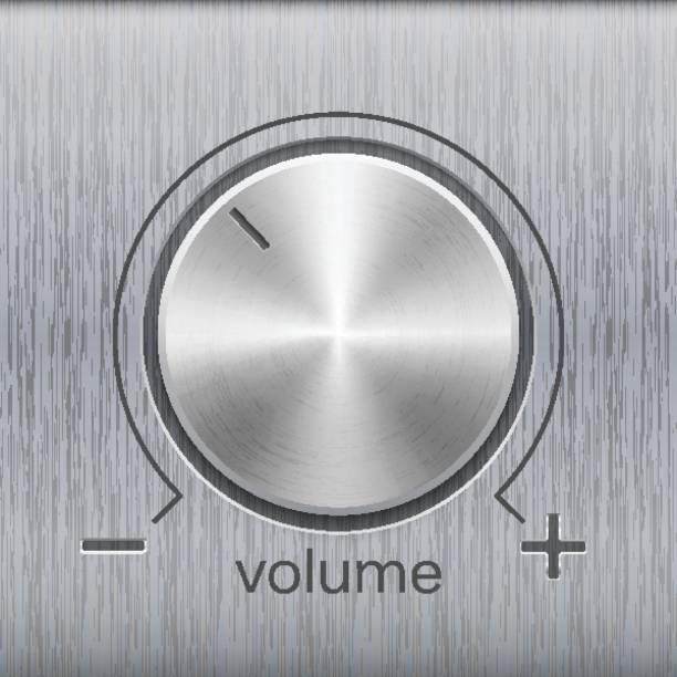 illustrazioni stock, clip art, cartoni animati e icone di tendenza di controllo del suono del volume con texture spazzolata cromata in metallo - interface icons volume volume knob stainless steel