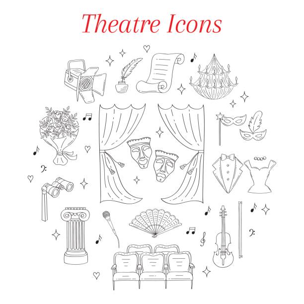 Vector set of theater icons hand drawn, doodle Vector set of theater icons with theatrical curtains, comedy and tragedy masks, Greece column, chandelier, violin, seats, tuxedo, evening dress, isolated on white background, hand drawn, doodle. curtain illustrations stock illustrations