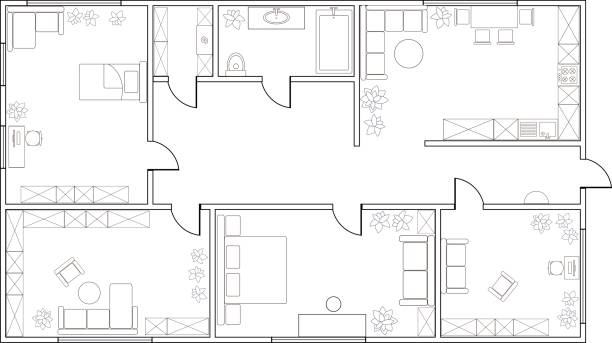 Abstract vector plan of two-bedroom apartment Abstract vector plan of two-bedroom apartment, with kitchen, bathroom, children's room, bedroom, living room, dining room, library bathroom designs stock illustrations