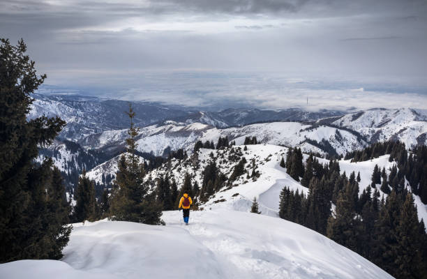 istock Tourist in snowy mountains 668385554