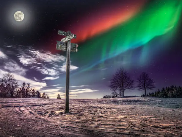 Guidepost with Moon and Nordic Light