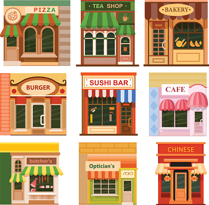 Flat style cafe restaurant shop store little tiny fancy icon set. Chinese, sushi bar, bakery, tea shop, pizza, cafe, optician's, burger, butcher's