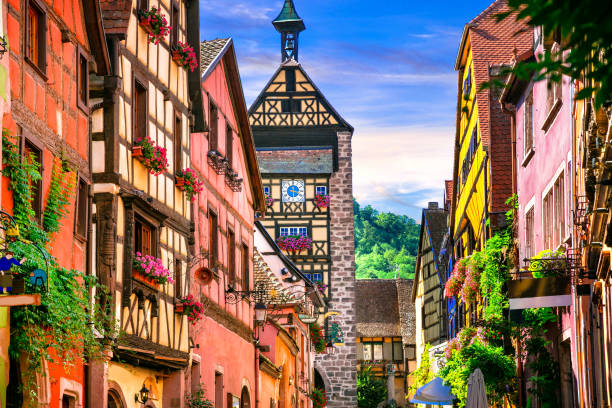 Most beautiful villages of France - Riquewihr in Alsace. Famous "vine route" Riquewihr - one of the most beautiful villages of France ancient villages stock pictures, royalty-free photos & images
