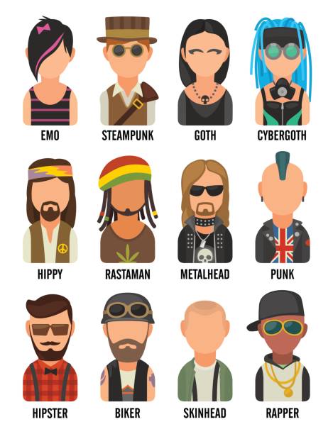 Set icon different subcultures people. Hipster, raper, emo, rastafarian, punk, biker, goth, hippy, metalhead, steampunk, skinhead, cybergoth. Set icon different subcultures people. Hipster, raper, emo, rastafarian, punk, biker, goth, hippy, metalhead, steampunk, skinhead, cybergoth. Vector flat illustration on white background steampunk woman stock illustrations