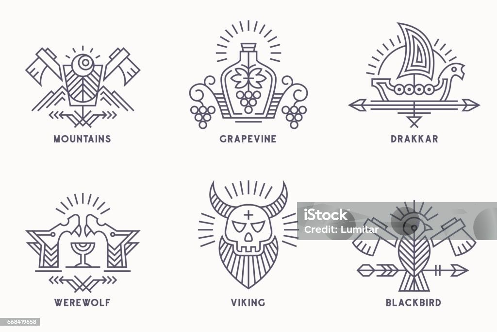 Set of vintage vector icon templates with ethnic elements in thin line style Set of vintage vector icon templates with ethnic elements in thin line style. Tribal style badges, scandinavian icontype. Monochrome, black on white Viking Ship stock vector