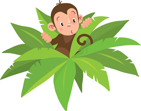 Little funny monkey among large leaves. Children illustration. Vector cartoon character