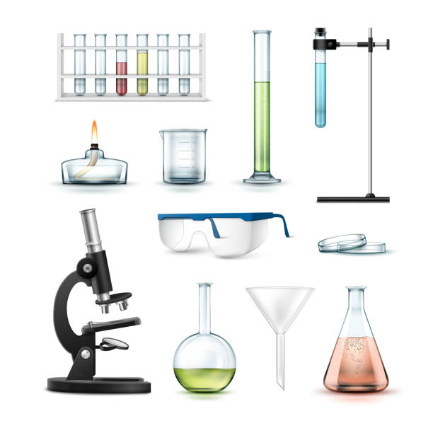 Chemical laboratory equipment Vector set of chemical laboratory equipment test tubes, flasks with colored liquid, beaker, glasses, petri dish, alcohol burner, optical microscope and funnel Isolated on white background flask funnel stock illustrations