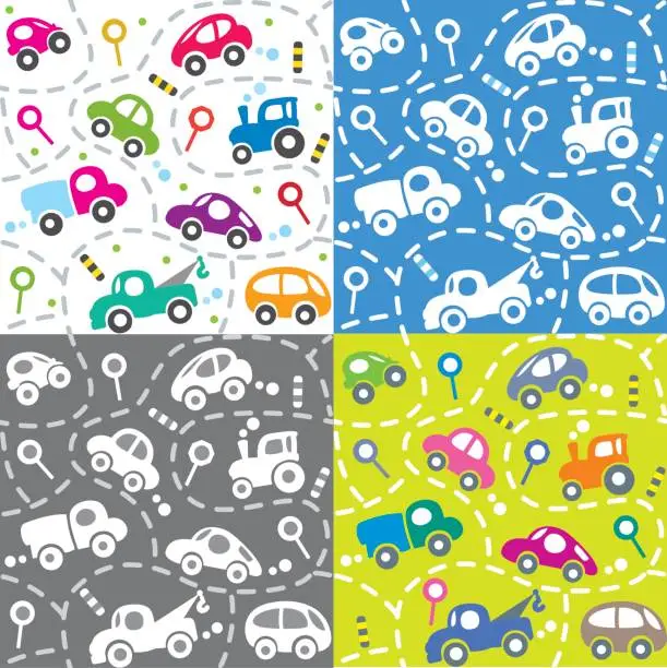 Vector illustration of Cars on the road. Seamless kids pattern set.