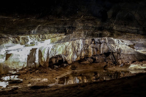 istock Fantastic stalactite caves and wall relief. 668422580