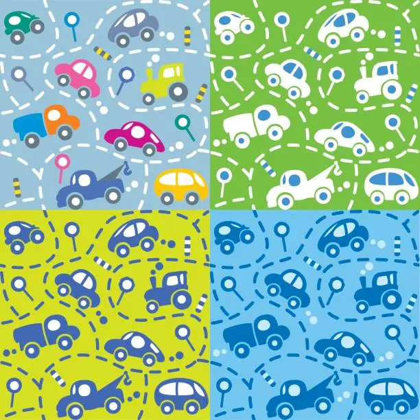 Vector illustration of Cars on the road. Seamless kids pattern set.