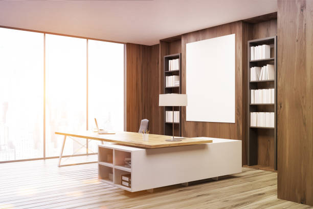 istock CEO office with dark wooden walls, side, toned 668430142