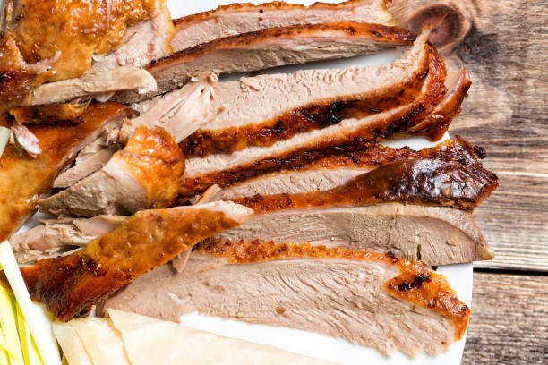 istock Peking Duck - Chinese roast duck on white plate close up 668430568
