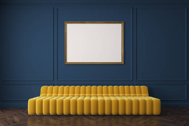 istock Yellow sofa against dark blue wall, poster 668431396