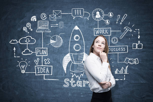 istock Blond woman in blouse and rocket sketch 668433538