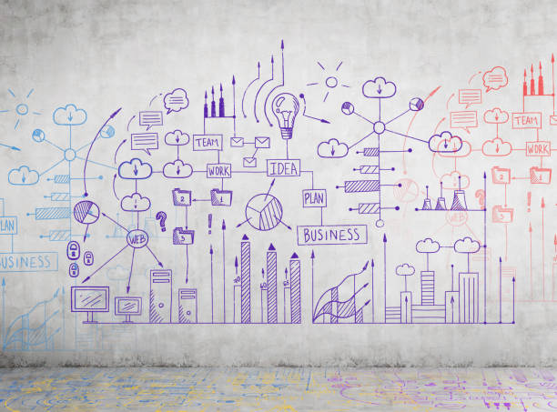 istock Blue business scheme on a concrete wall 668437100