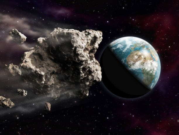 Asteroid closing in on Earth 3D rendering of a dangerous large asteroid threatening to impact planet Earth. asteroid stock pictures, royalty-free photos & images