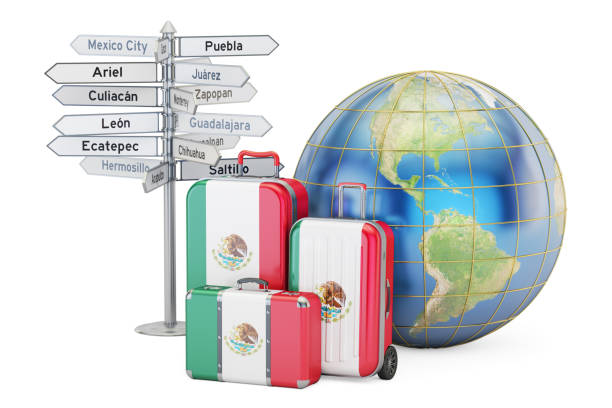 istock Mexico travel concept. Suitcases with Mexican flag, signpost and Earth globe 668440112