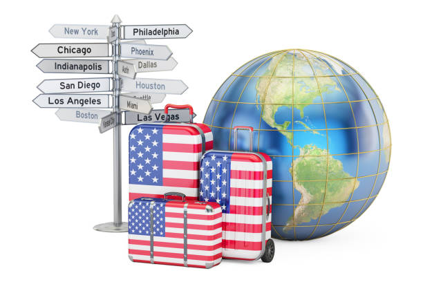 istock USA travel concept. Suitcases with US flag, signpost and Earth globe 668440154