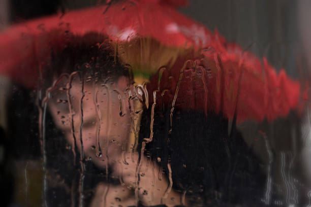 istock Man walks in the rain with red umbrella 668443102