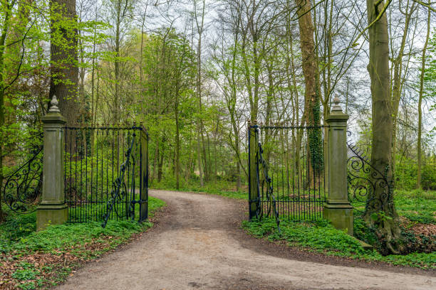 istock Black iron fence with gold decoration is opened hospitable 668453108