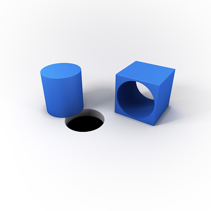 3D Illustrated Blue Square Peg Cylinder and a Round Hole on a Bright White Background.  A Unique Solution by thinking outside the box.