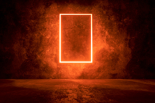 Dark Concrete Background With Illuminated Frame Stock Photo - Download  Image Now - Neon Lighting, Backgrounds, Orange Color - iStock
