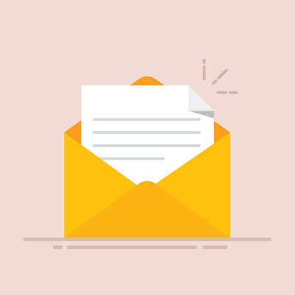 Open envelope with a document. New letter. Sending correspondence. Flat illustration isolated on color background