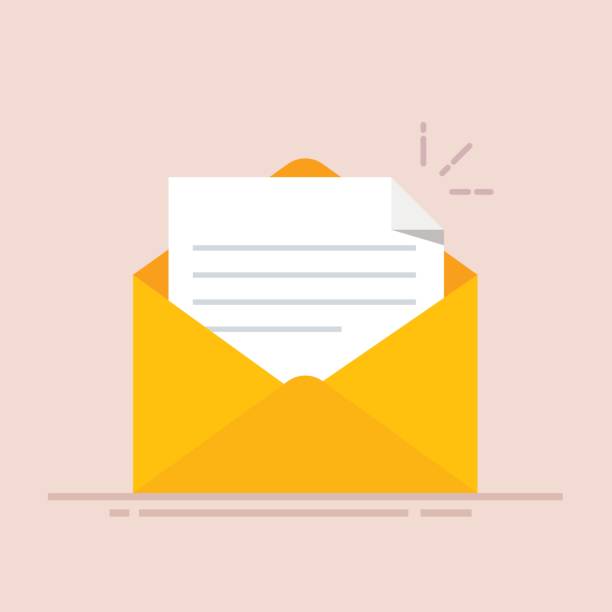 Open envelope with a document. New letter. Sending correspondence. Flat illustration isolated on color background. Open envelope with a document. New letter. Sending correspondence. Flat illustration isolated on color background mail illustrations stock illustrations